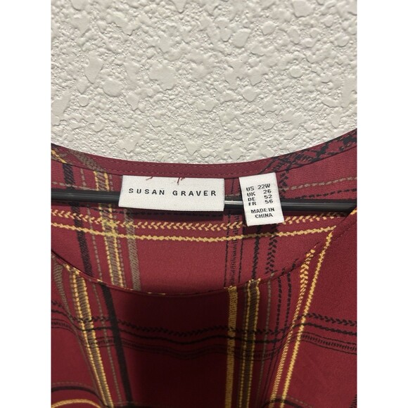 Susan Graver Blouse Top Size 22W Red Black Plaid Long Flutter Sleeves Business - Picture 6 of 7